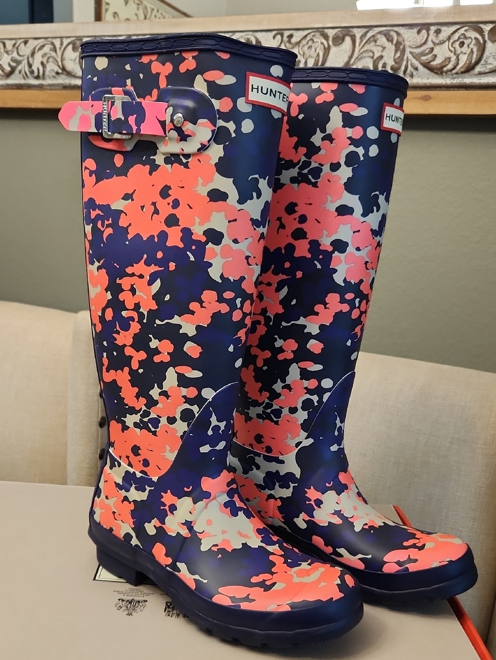 Hunter Women’s Navy, Coral & Cream Floral-Print Tall Rain Boots